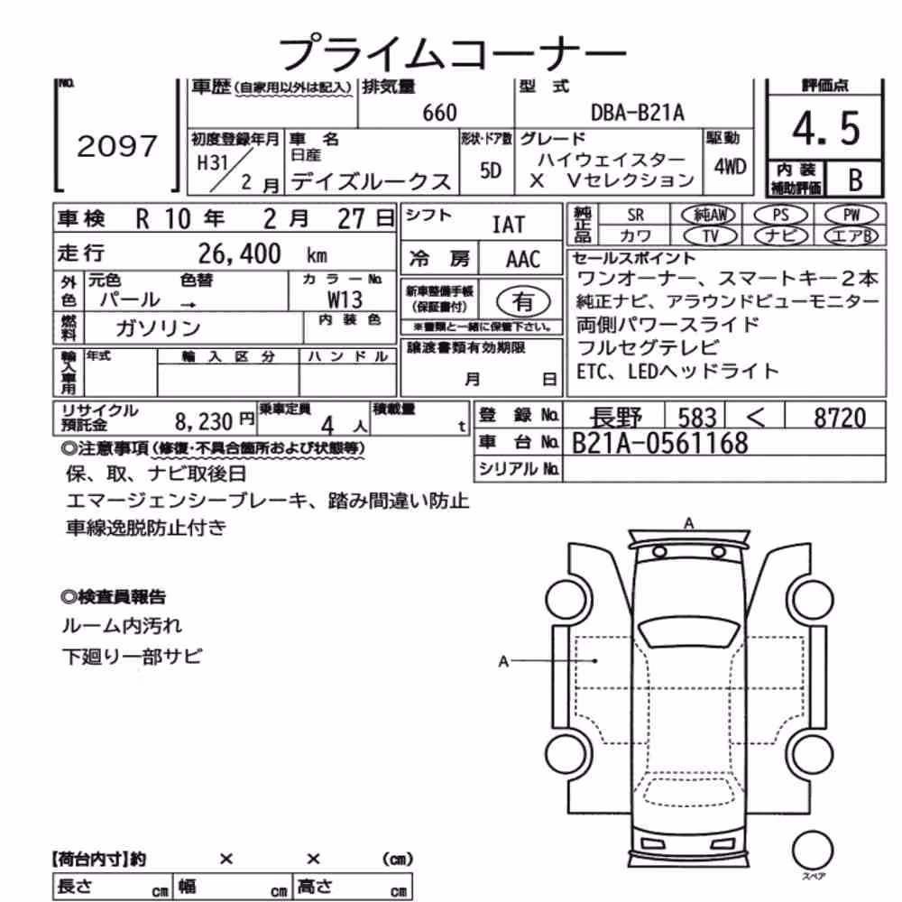 Notka aukcyjna: NISSAN DAYZ ROOX 4WD HIGHWAY STAR X V SELECTION