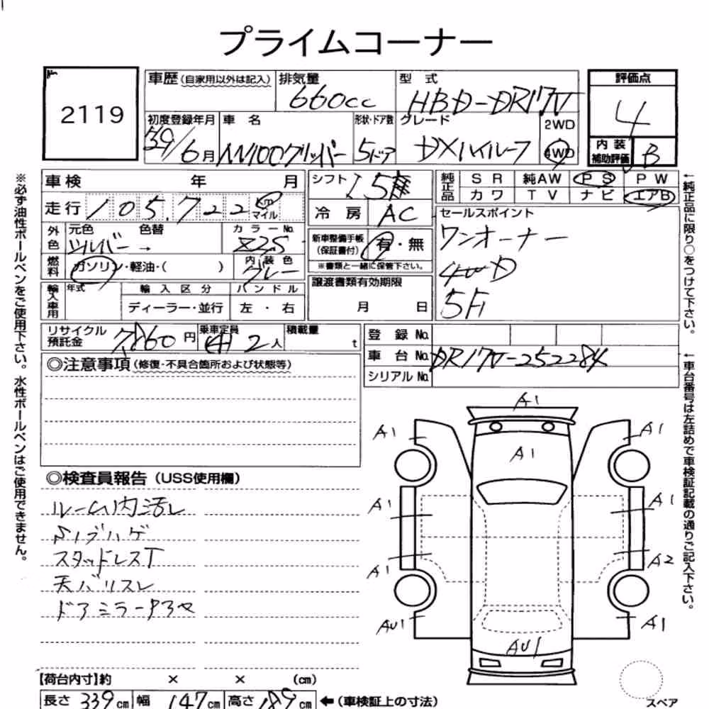 Notka aukcyjna: NISSAN NV100CLIPPER VAN 4WD DX