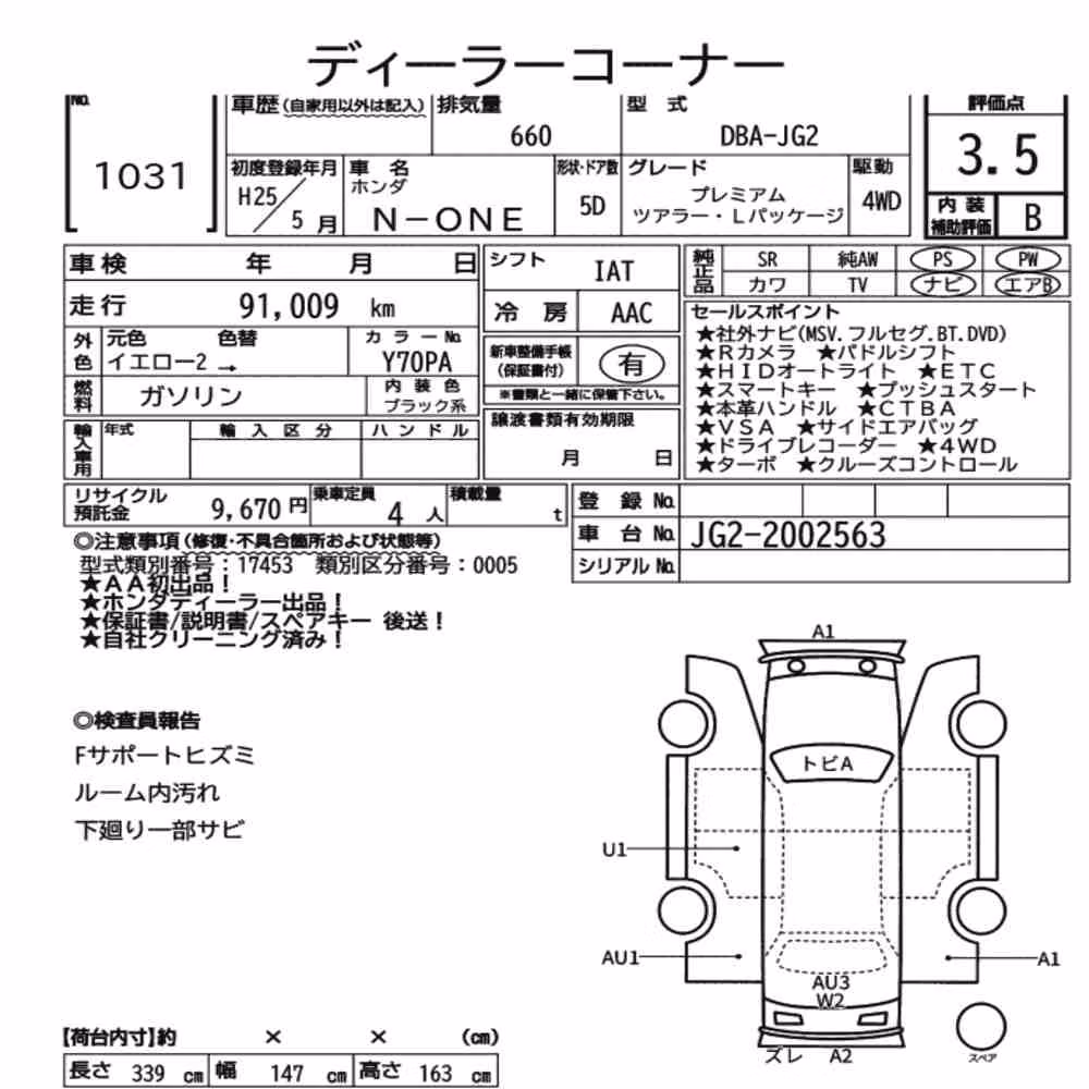 Notka aukcyjna: HONDA N-ONE 4WD PREMIUM TOURER・L PACKAGE