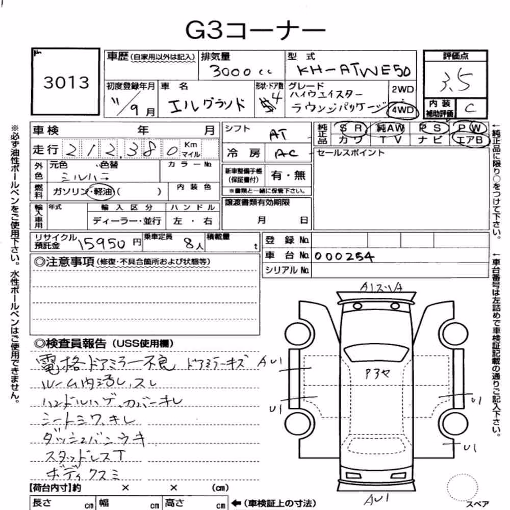 Notka aukcyjna: NISSAN ELGRAND 4D 4WD HIGHWAY STAR LOUNGE PACKAGE