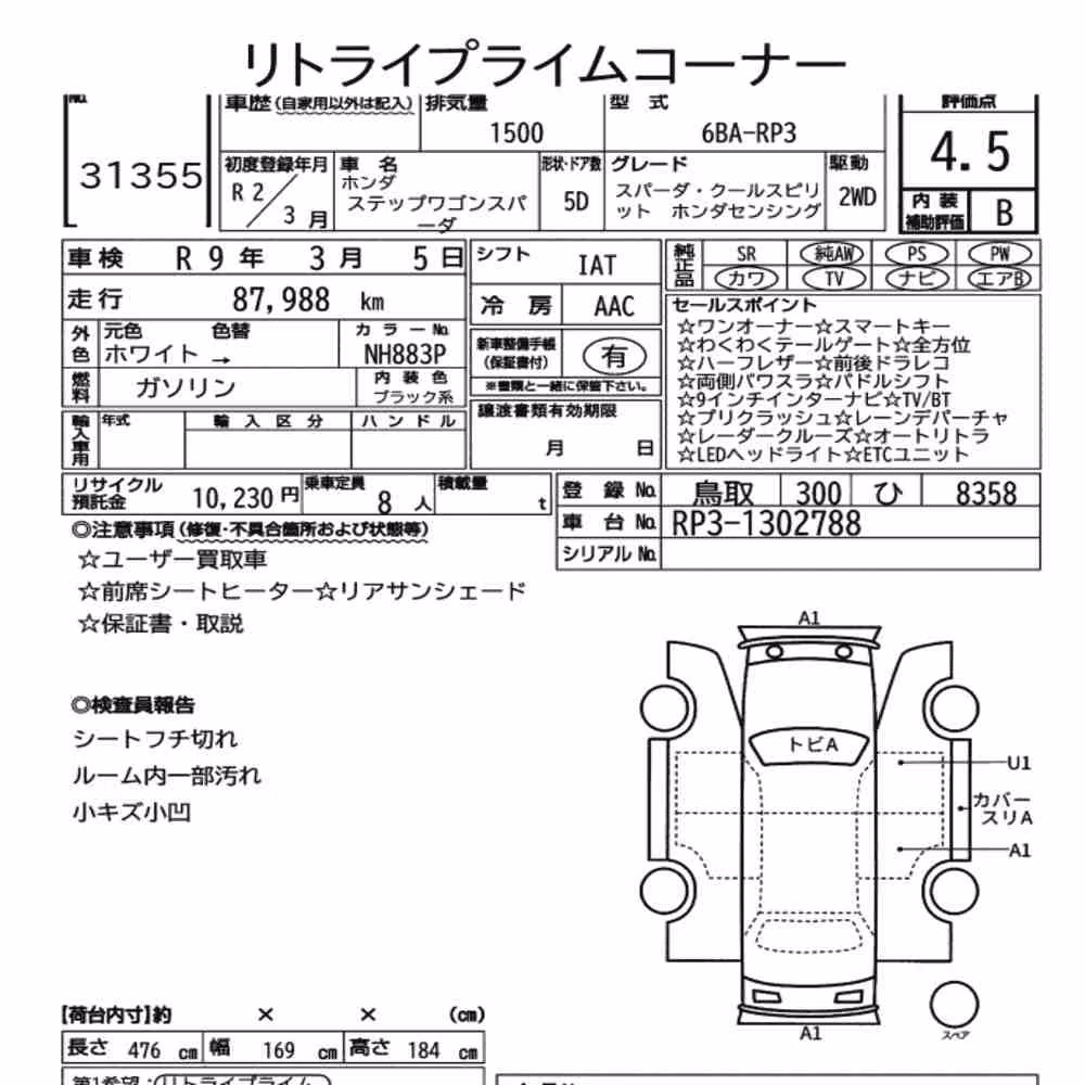 Notka aukcyjna: HONDA STEPWAGON SPADA SPADA・COOL SPIRIT HONDA SENSING