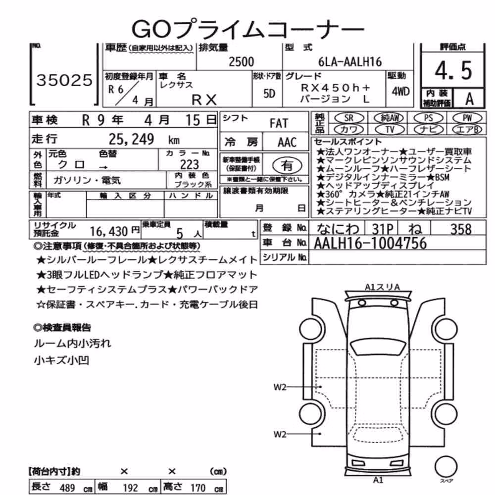 Notka aukcyjna: LEXUS RX 4WD RX450H+ VERSION L