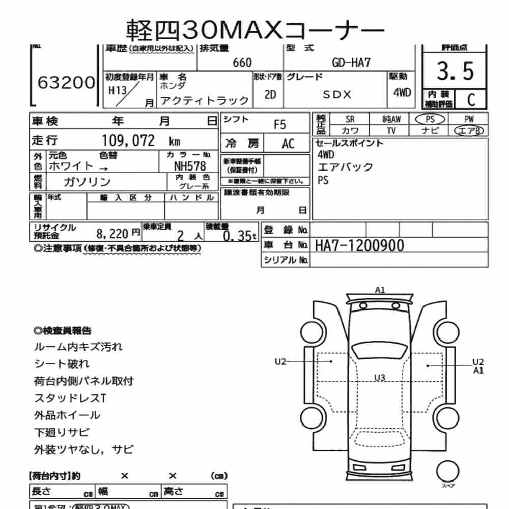 Notka aukcyjna: HONDA ACTY TRUCK 4WD SDX