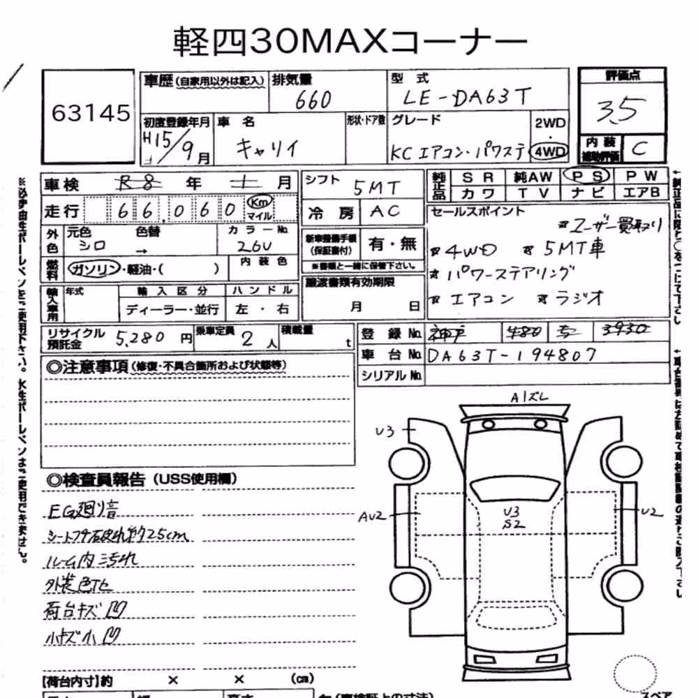 Notka aukcyjna: SUZUKI CARRY TRUCK 4WD KC AIR CONDITIONING POWER STEERING