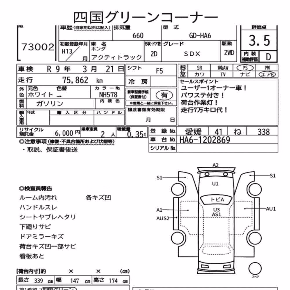 Notka aukcyjna: HONDA ACTY TRUCK SDX