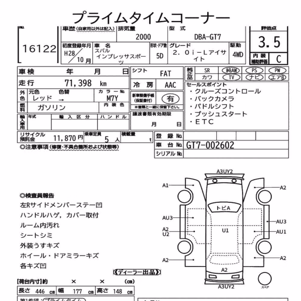 Notka aukcyjna: SUBARU IMPREZA SPORT 4WD 2.0I-L EYESIGHT