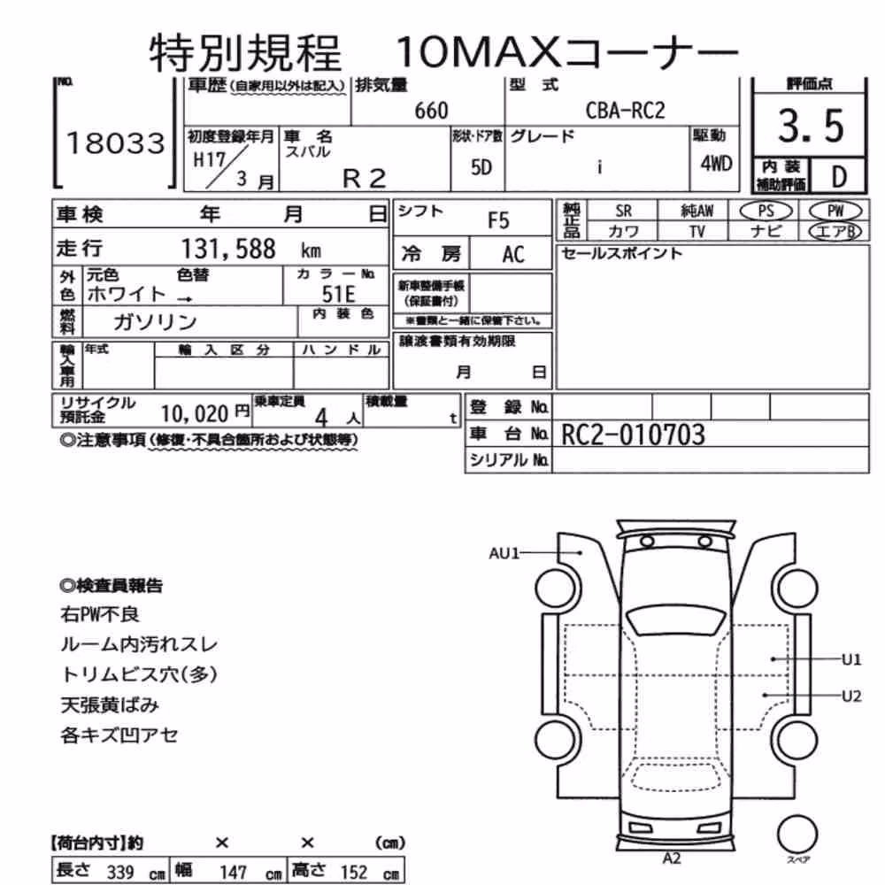 Notka aukcyjna: SUBARU R2 5D 4WD I