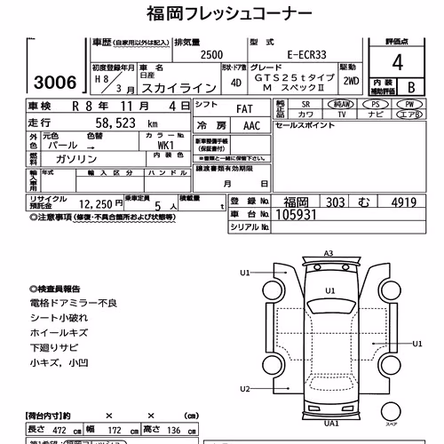 Notka aukcyjna: NISSAN SKYLINE 4D GTS25T TYPE M・SPEC Ⅱ