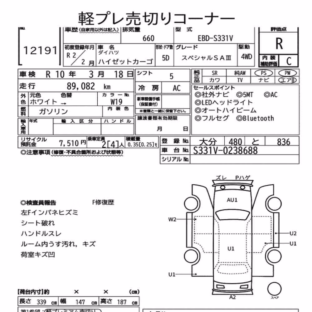 Notka aukcyjna: DAIHATSU HIJET CARGO 5D 4WD SPECIAL SA Ⅲ
