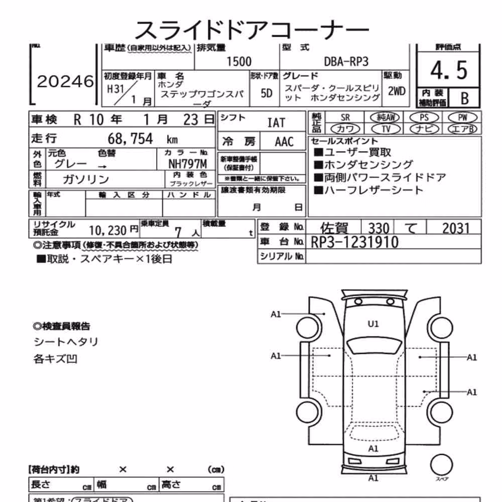 Notka aukcyjna: HONDA STEPWAGON SPADA SPADA・COOL SPIRIT HONDA SENSING