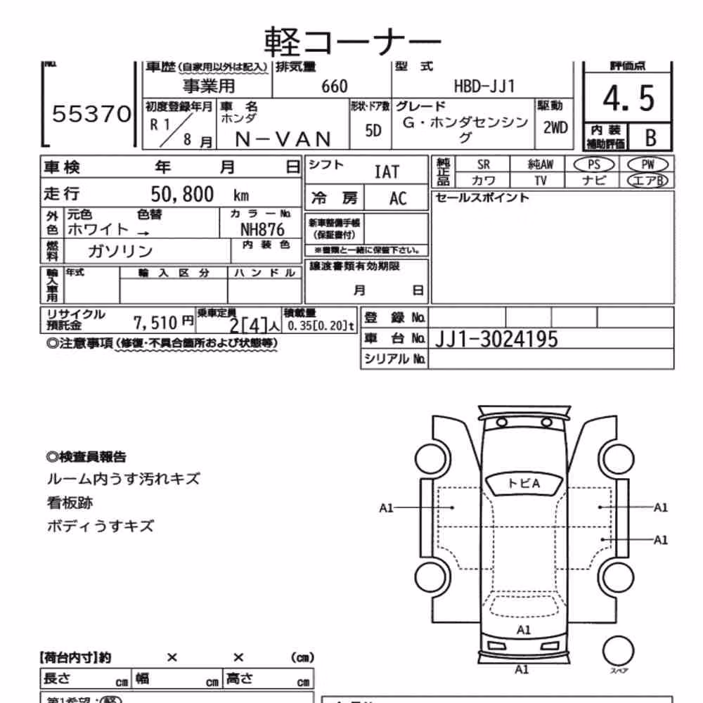 Notka aukcyjna: HONDA N-VAN G・HONDA SENSING