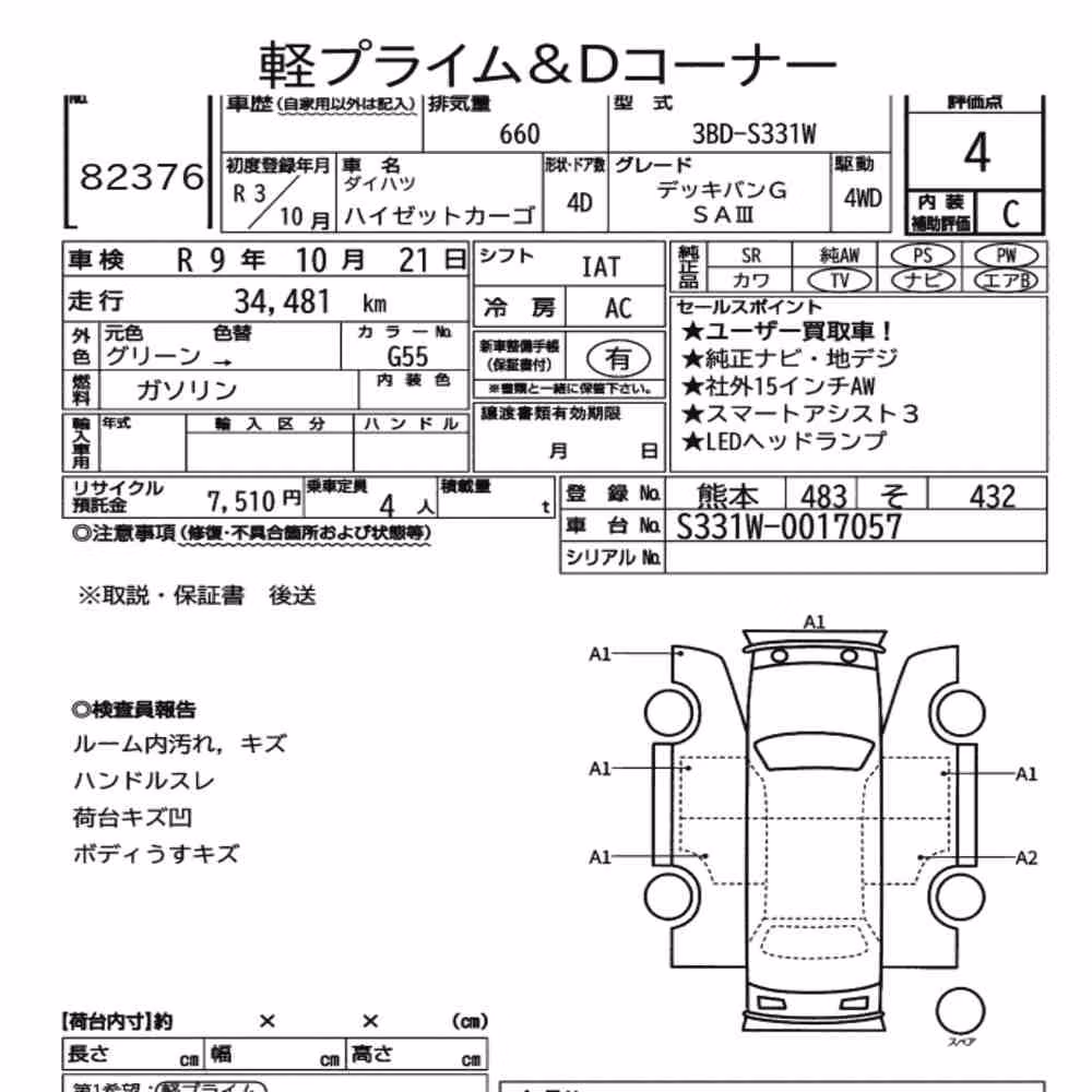 Notka aukcyjna: DAIHATSU HIJET CARGO 4D 4WD DECK VAN G SA Ⅲ