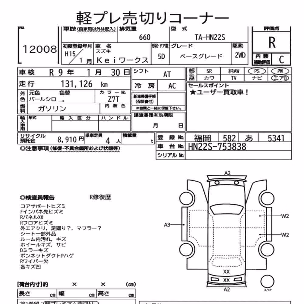 Notka aukcyjna: SUZUKI KEI WORKS BASE GRADE