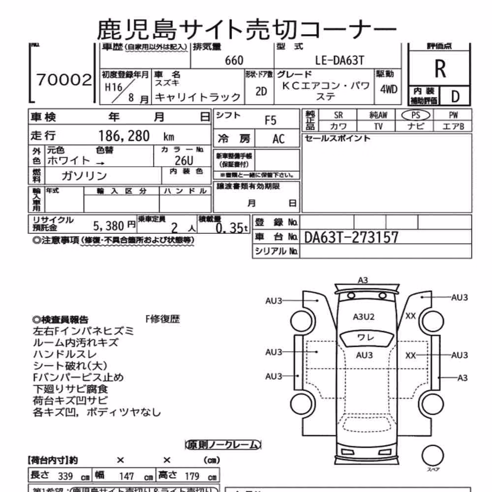 Notka aukcyjna: SUZUKI CARRY TRUCK 4WD KC AIR CONDITIONING POWER STEERING