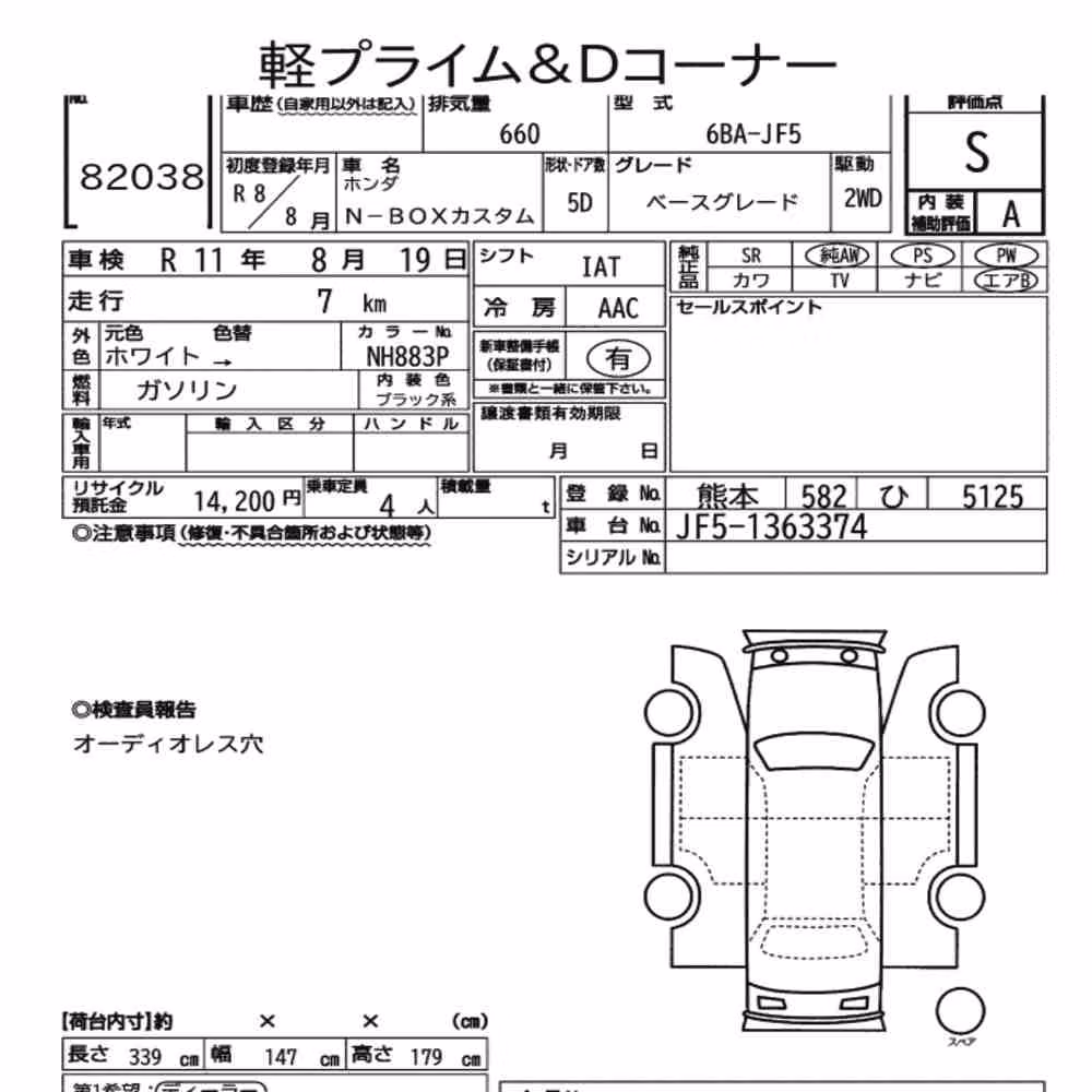 Notka aukcyjna: HONDA N-BOX CUSTOM BASE GRADE