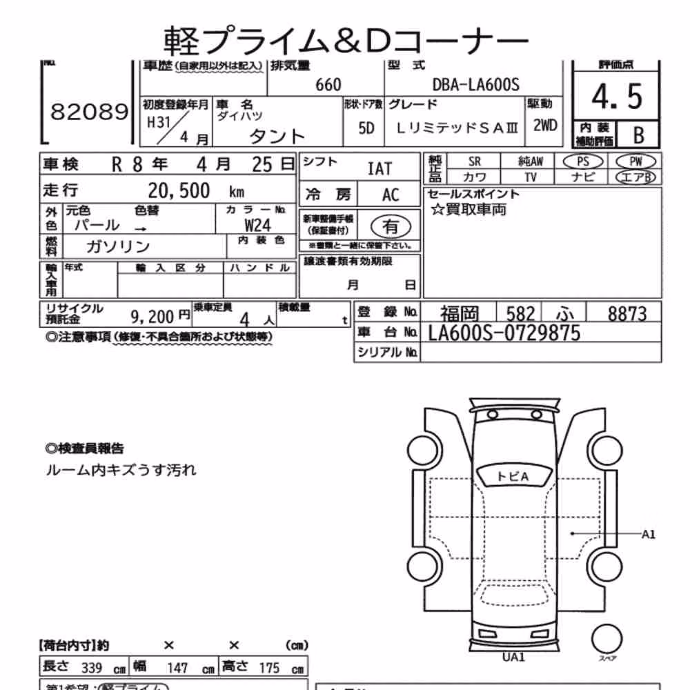 Notka aukcyjna: DAIHATSU TANTO L LIMITED SA Ⅲ