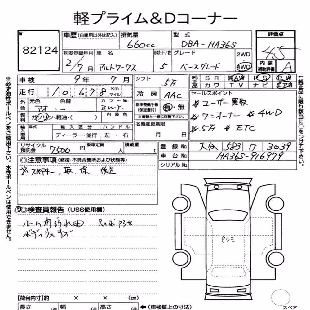 Notka aukcyjna: SUZUKI ALTO WORKS 5D 4WD BASE GRADE