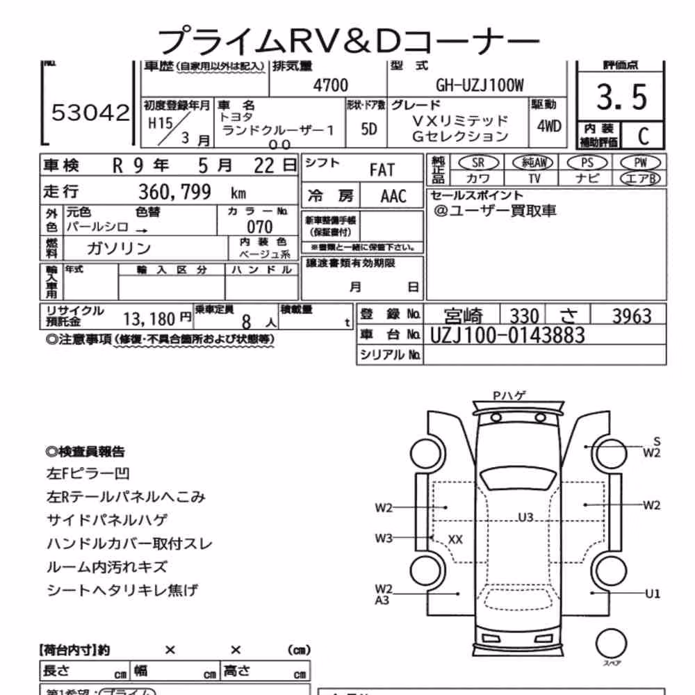 Notka aukcyjna: TOYOTA LAND CRUISER 100 4WD VX LIMITED G SELECTION