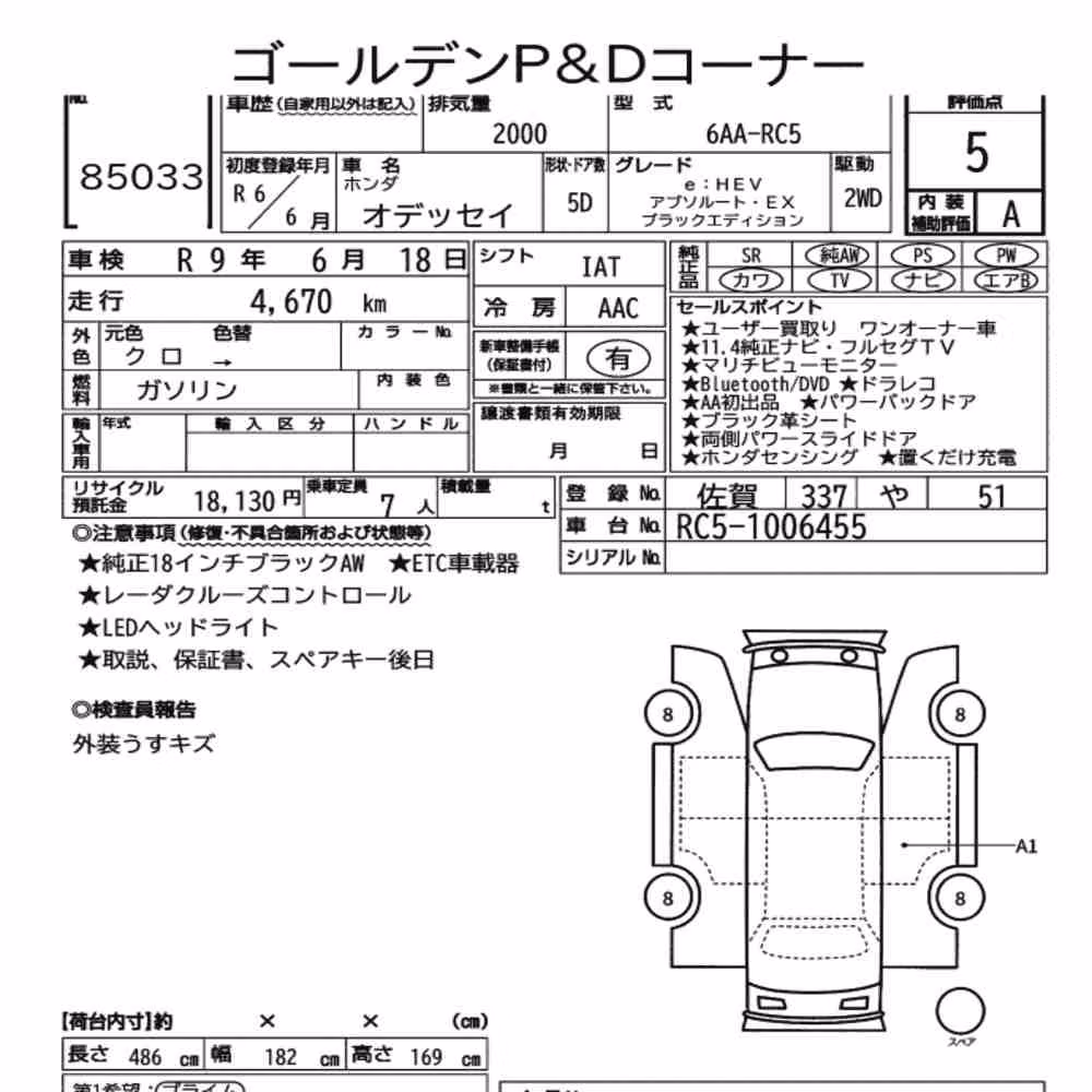 Notka aukcyjna: HONDA ODYSSEY EHEV ABSOLUTE・EX BLACK EDITION