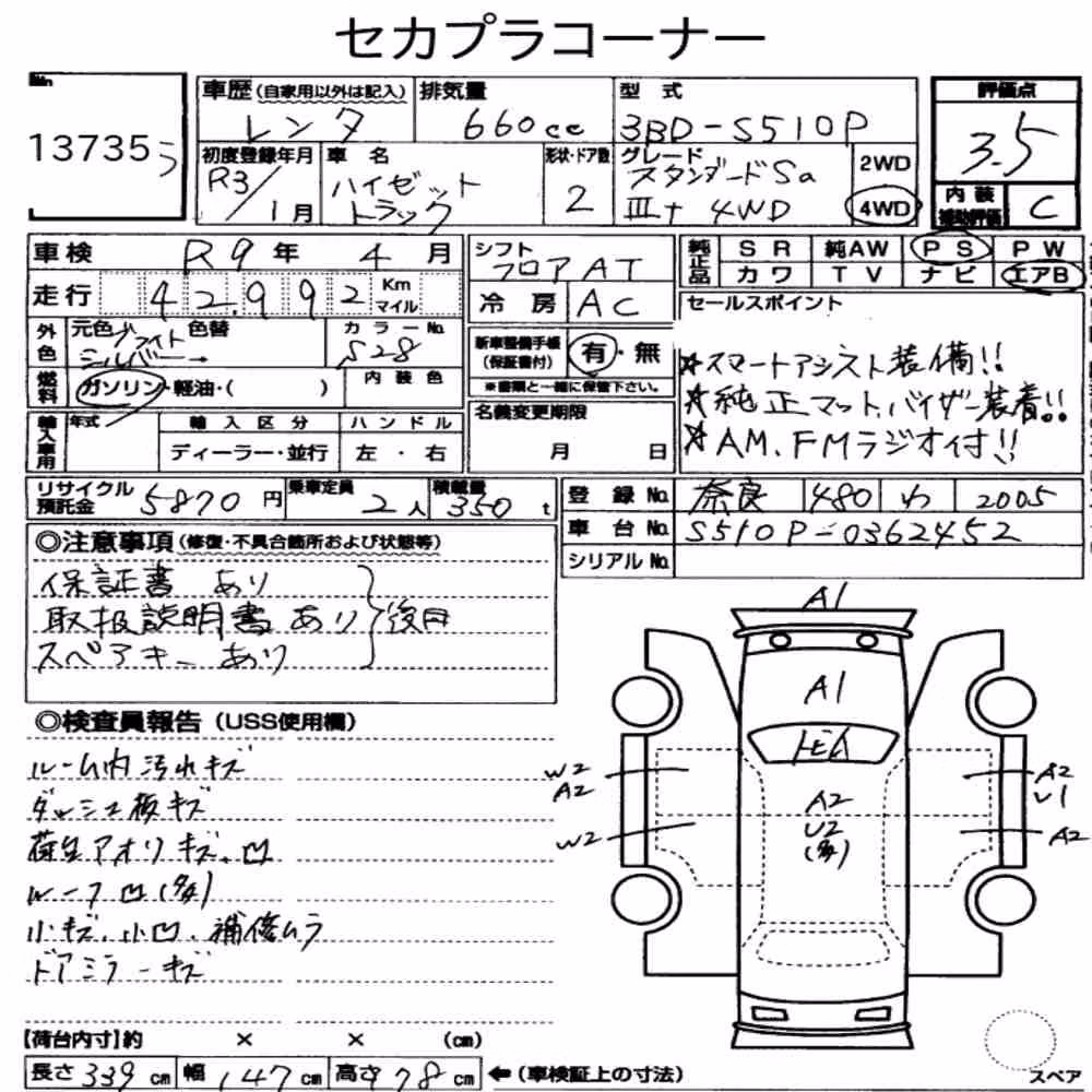 Notka aukcyjna: DAIHATSU HIJET TRUCK 4WD STANDARD SA ⅢT