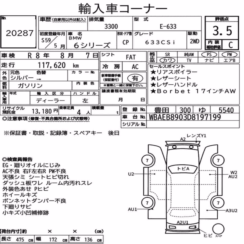 Notka aukcyjna: BMW 6 SERIES CP 633CSI