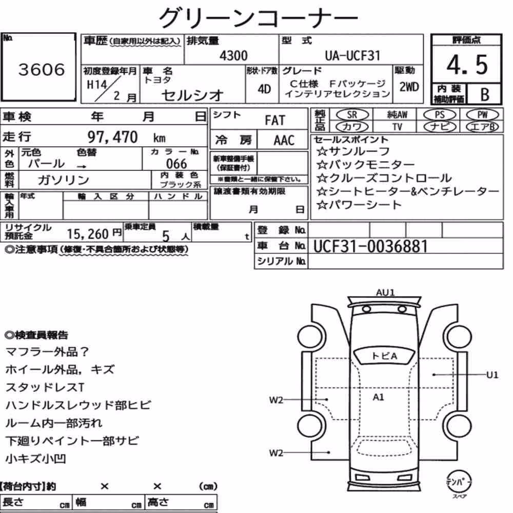 Notka aukcyjna: TOYOTA CELSIOR C VERSION F PACKAGE INTERIOR SELECTION