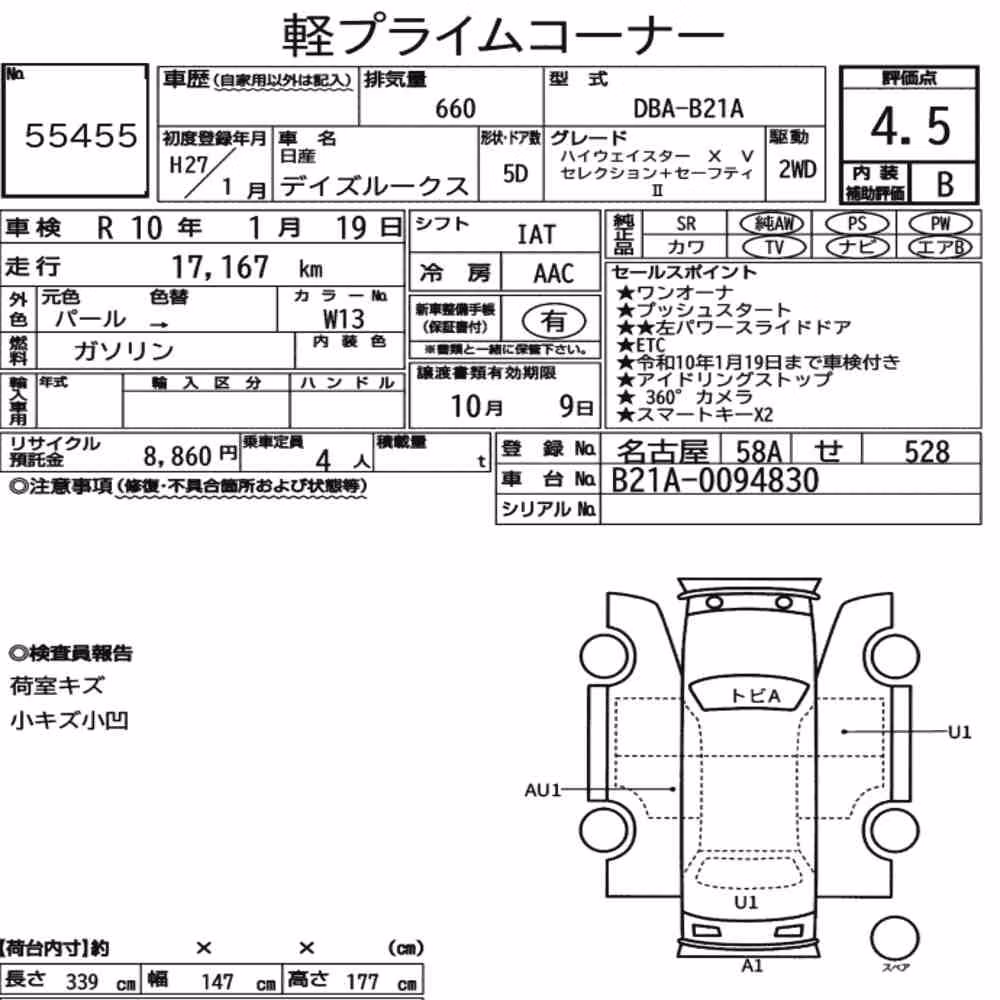 Notka aukcyjna: NISSAN DAYZ ROOX HIGHWAY STAR X V SELECTION + SAFETY Ⅱ