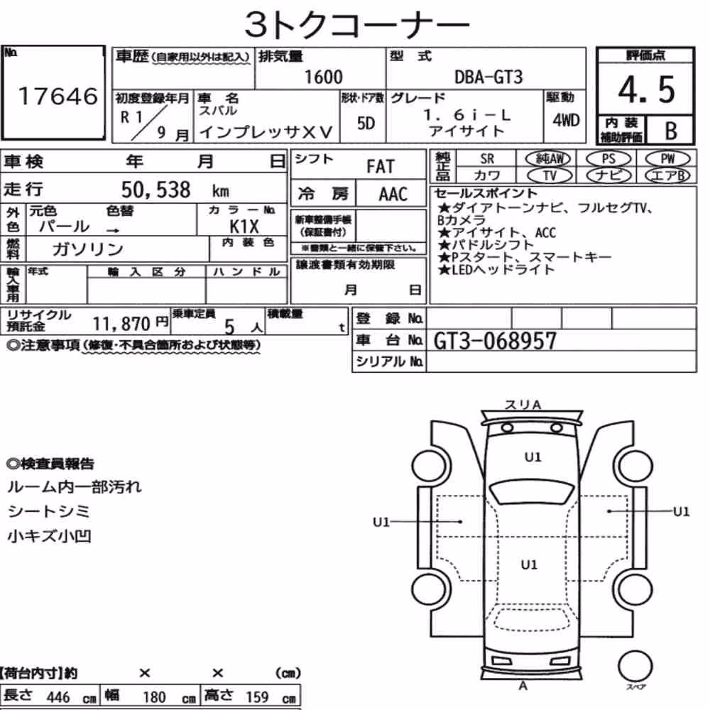 Notka aukcyjna: SUBARU IMPREZA XV 4WD 1.6I-L EYESIGHT