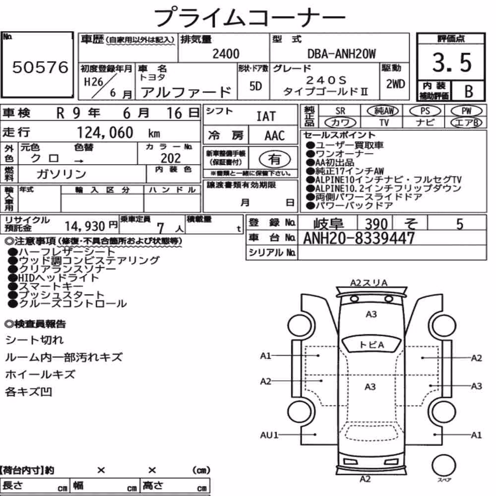 Notka aukcyjna: TOYOTA ALPHARD 240S TYPE GOLD Ⅱ