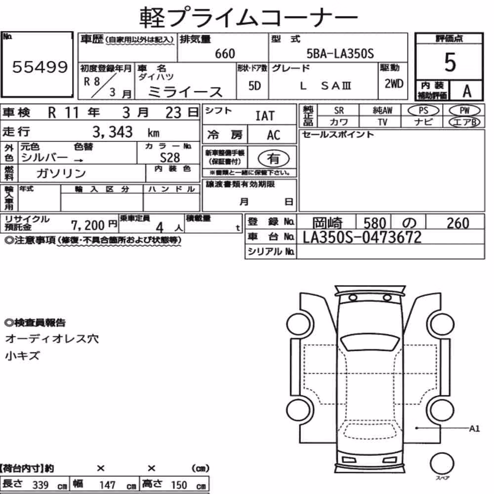Notka aukcyjna: DAIHATSU MIRA E:S L SAⅢ