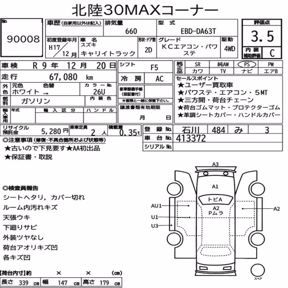 Notka aukcyjna: SUZUKI CARRY TRUCK 4WD KC AIR CONDITIONING POWER STEERING
