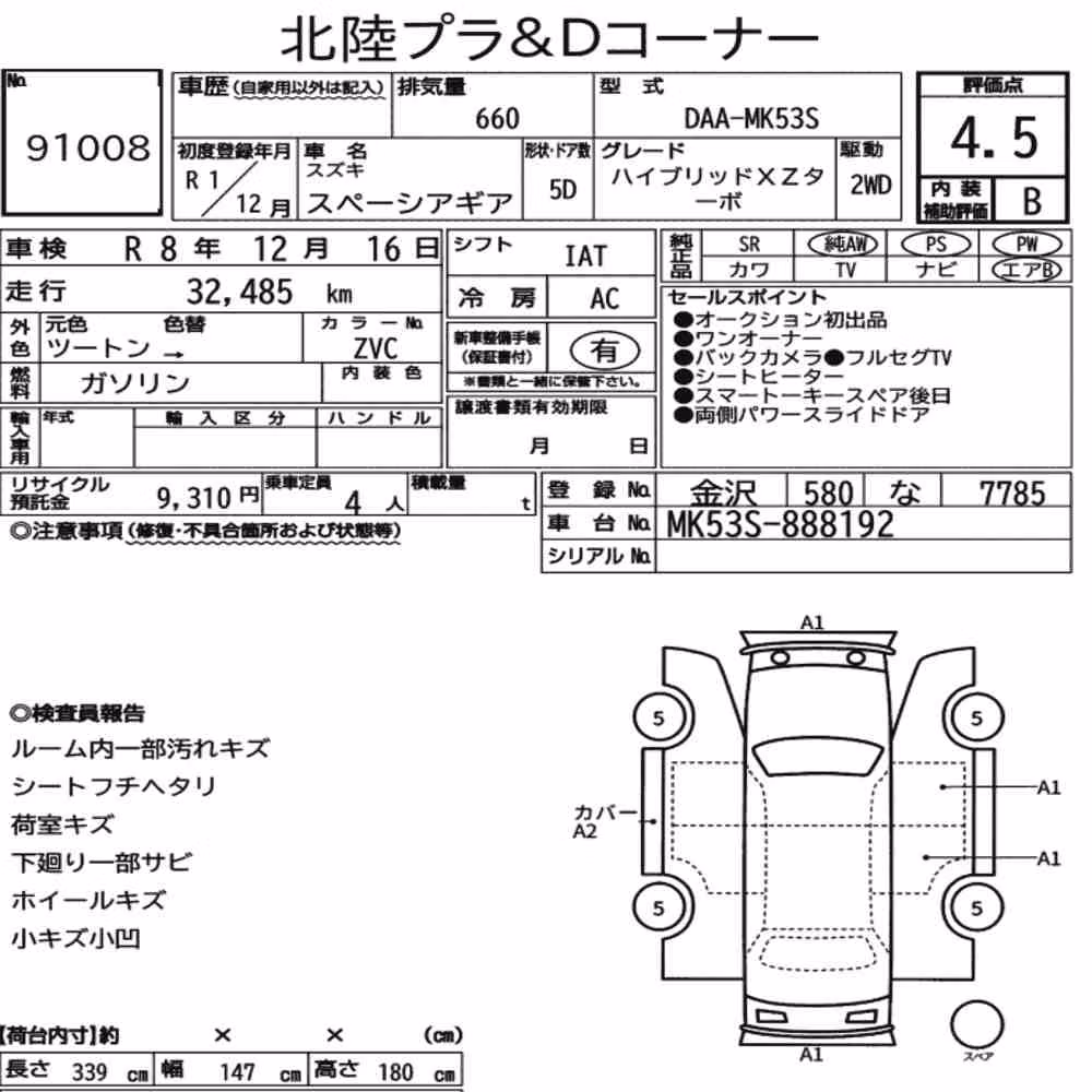 Notka aukcyjna: SUZUKI SPACIA GEAR HYBRID XZ TURBO