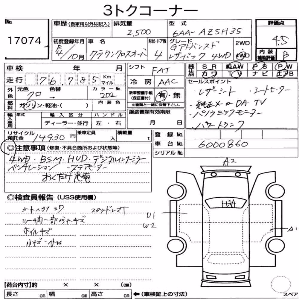 Notka aukcyjna: TOYOTA CROWN CROSSOVER 4WD G ADVANCED・LEATHER PACKAGE