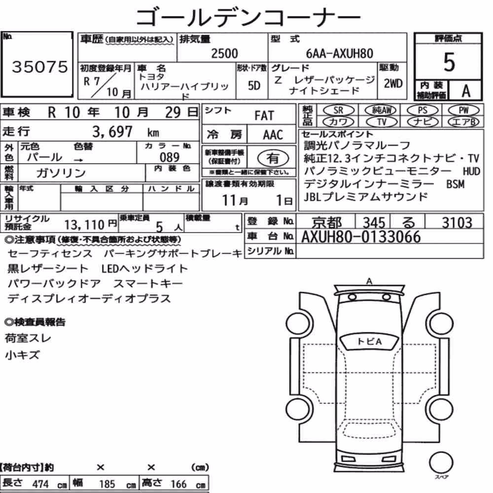 Notka aukcyjna: TOYOTA HARRIER HYBRID Z LEATHER PACKAGE・NIGHT SHADE