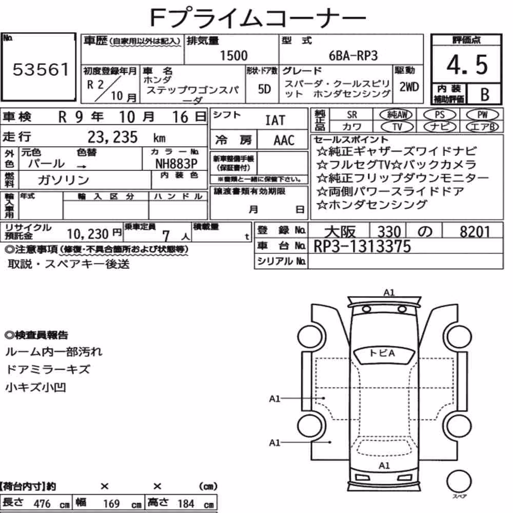 Notka aukcyjna: HONDA STEPWAGON SPADA SPADA・COOL SPIRIT HONDA SENSING