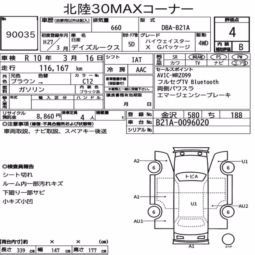 Notka aukcyjna: NISSAN DAYZ ROOX 4WD HIGHWAY STAR X G PACKAGE