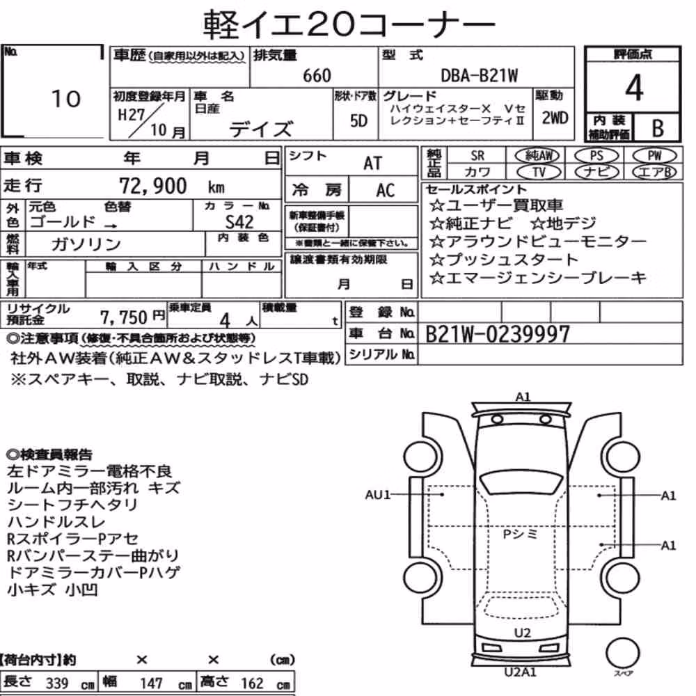 Notka aukcyjna: NISSAN DAYZ HIGHWAY STAR X V SELECTION + SAFETY Ⅱ