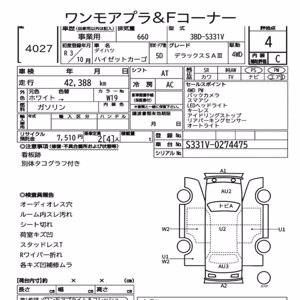 Notka aukcyjna: DAIHATSU HIJET CARGO 5D 4WD DELUXE SA Ⅲ