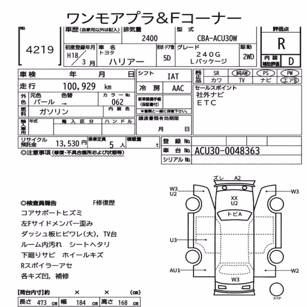 Notka aukcyjna: TOYOTA HARRIER 240G L PACKAGE