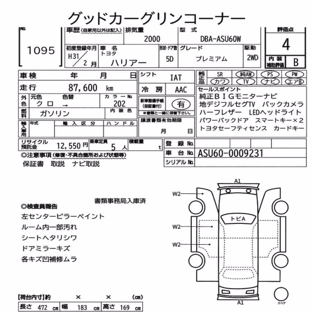 Notka aukcyjna: TOYOTA HARRIER PREMIUM