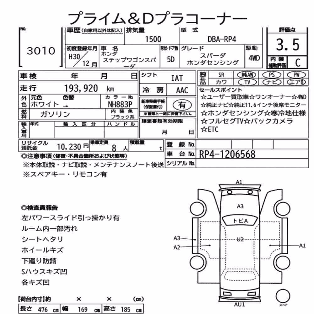 Notka aukcyjna: HONDA STEPWAGON SPADA 4WD SPADA HONDA SENSING