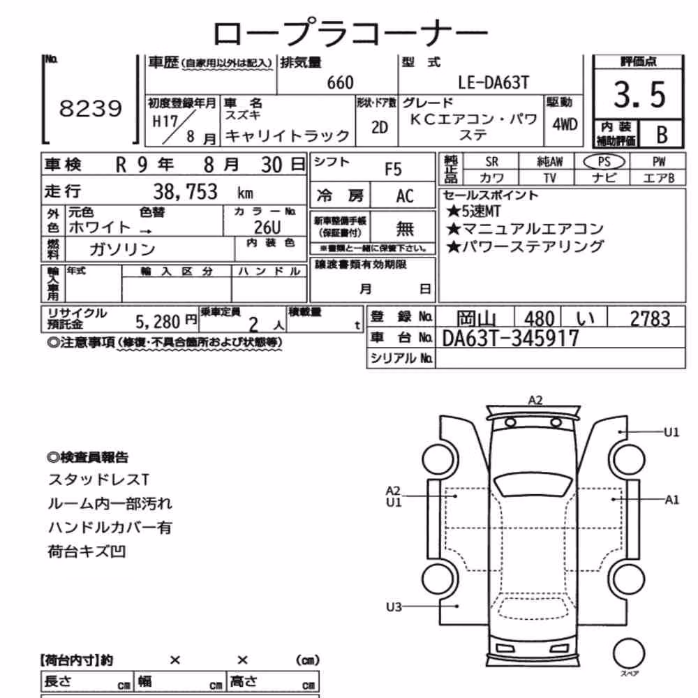 Notka aukcyjna: SUZUKI CARRY TRUCK 4WD KC AIR CONDITIONING POWER STEERING
