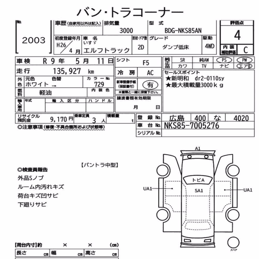 Notka aukcyjna: ISUZU ELF TRUCK 2D 4WD DUMP LOW DECK
