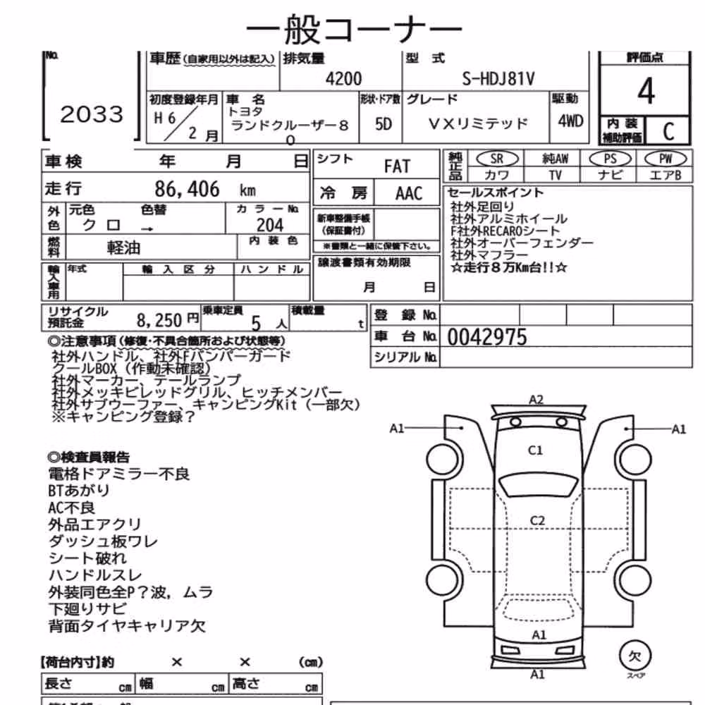 Notka aukcyjna: TOYOTA LAND CRUISER 80 4WD VX LIMITED