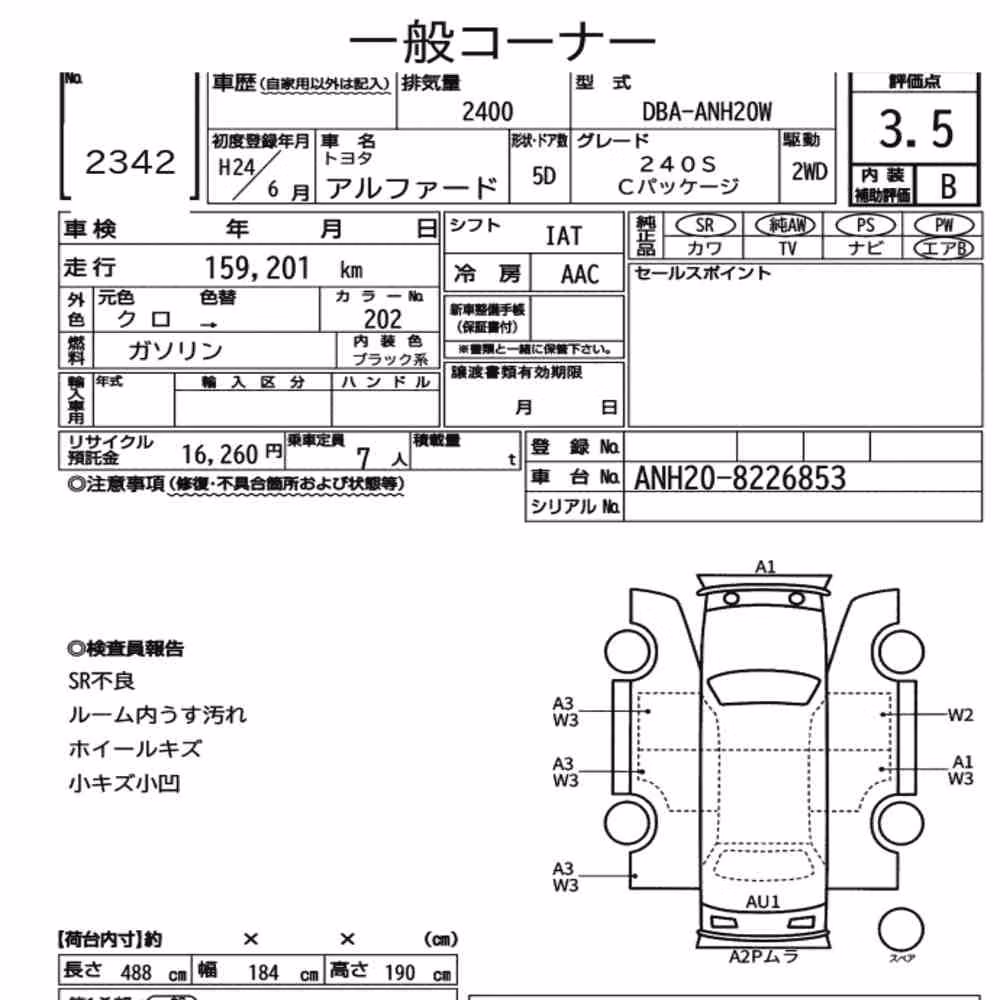 Notka aukcyjna: TOYOTA ALPHARD 240S C PACKAGE
