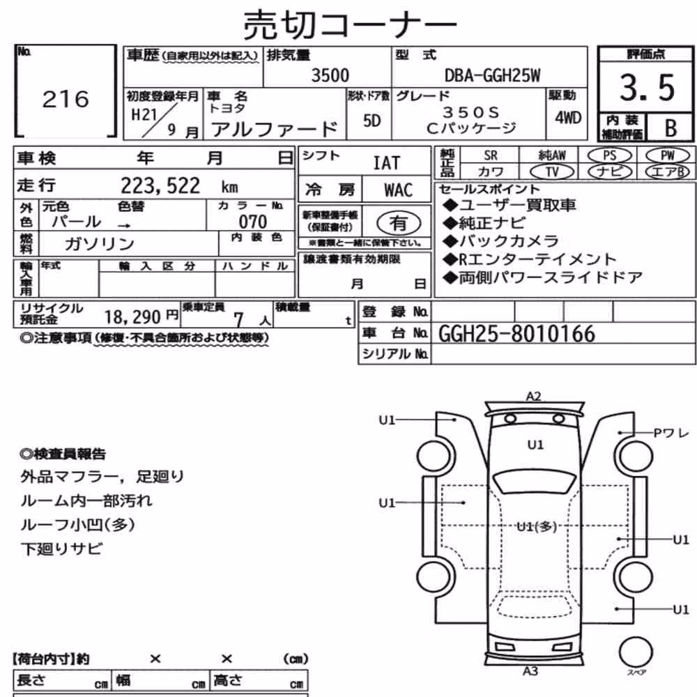 Notka aukcyjna: TOYOTA ALPHARD 4WD 350S C PACKAGE