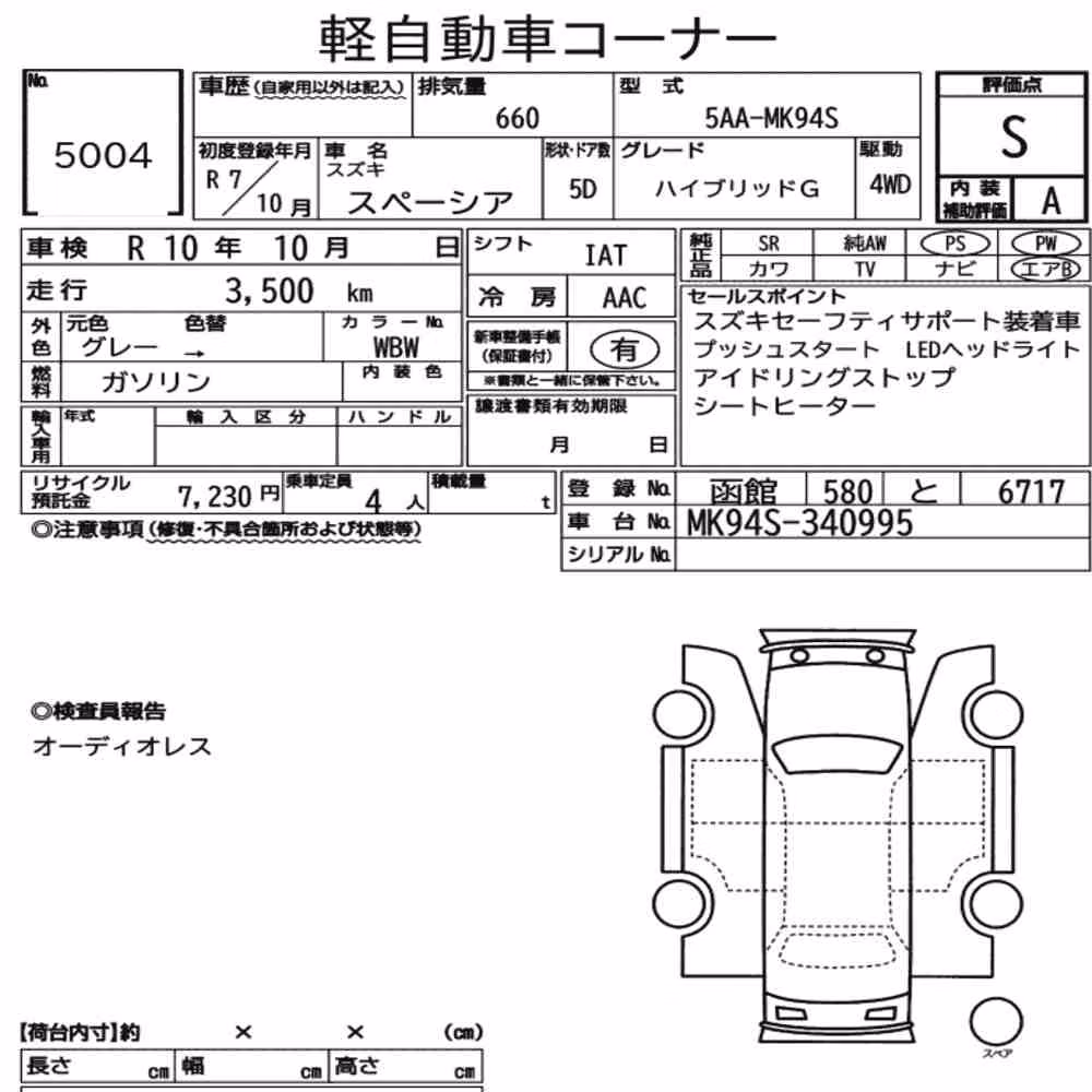 Notka aukcyjna: SUZUKI SPACIA 4WD HYBRID G