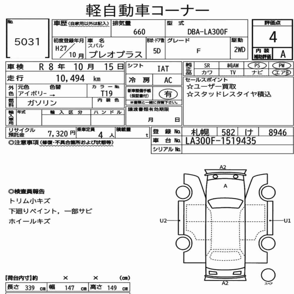 Notka aukcyjna: SUBARU PLEO PLUS F