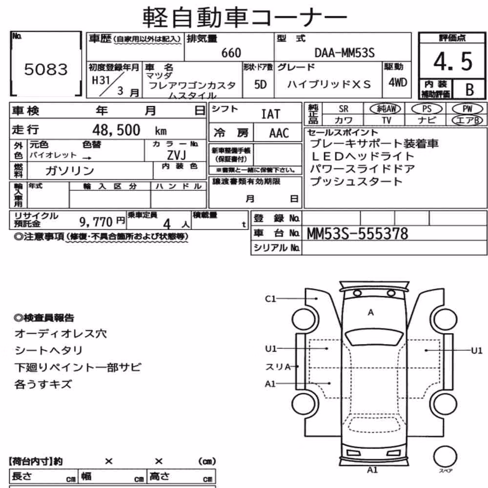 Notka aukcyjna: MAZDA FLAIR WAGON CUSTOM STYLE 4WD HYBRID XS