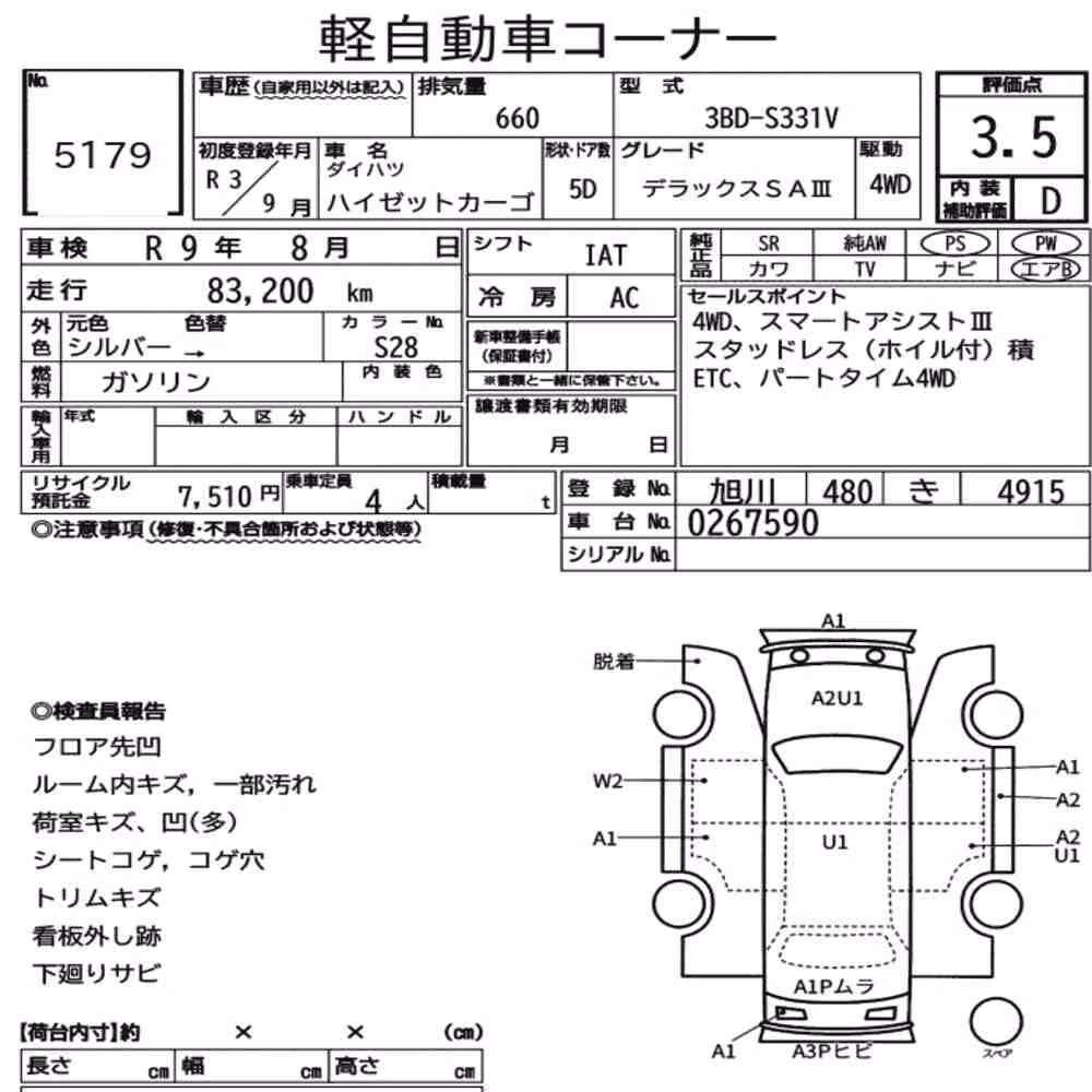 Notka aukcyjna: DAIHATSU HIJET CARGO 5D 4WD DELUXE SA Ⅲ